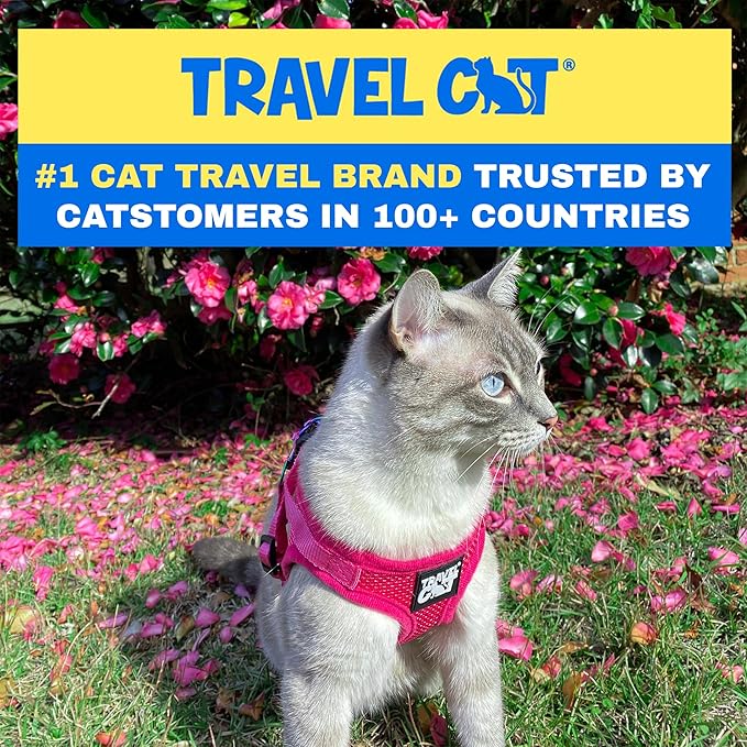 Travel Cat The Purrfectly Pink Harness & Leash Set - Adjustable Fit Mesh Cat Harness with Reflective Strap - Escape-Proof Harness for Cats, Kittens for Outdoor Walking, Hiking (Medium)