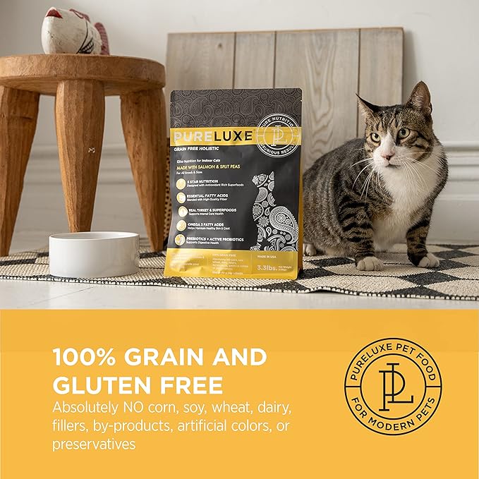 PURELUXE Grain and Gluten Free Cat Food, Indoor Cat Elite Nutrition, Salmon and Split Peas, for All Life Stages and Breeds, Made in The USA, 3.3lbs