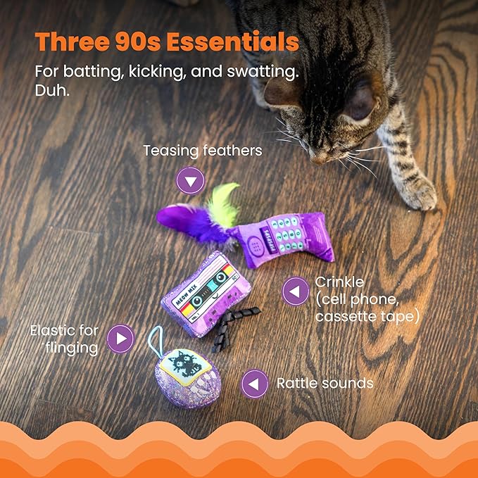 Catstages So Meowsome 90s Themed Plush Catnip Blend Cat Toys, 3Pk, Multicolored
