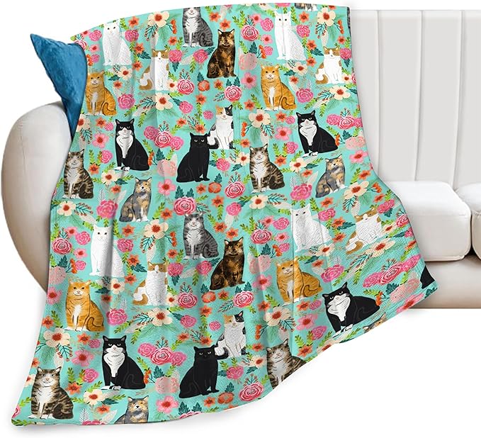 Dollffey Cat Blanket Gifts for Girls Women Cute Cats Flowers Flannel Fleece Throw Blanket Soft Plush Lightweight Warm Fuzzy Teal Blanket for Cat Lovers Decor Bed Couch Living Room for Kids 40"X50"