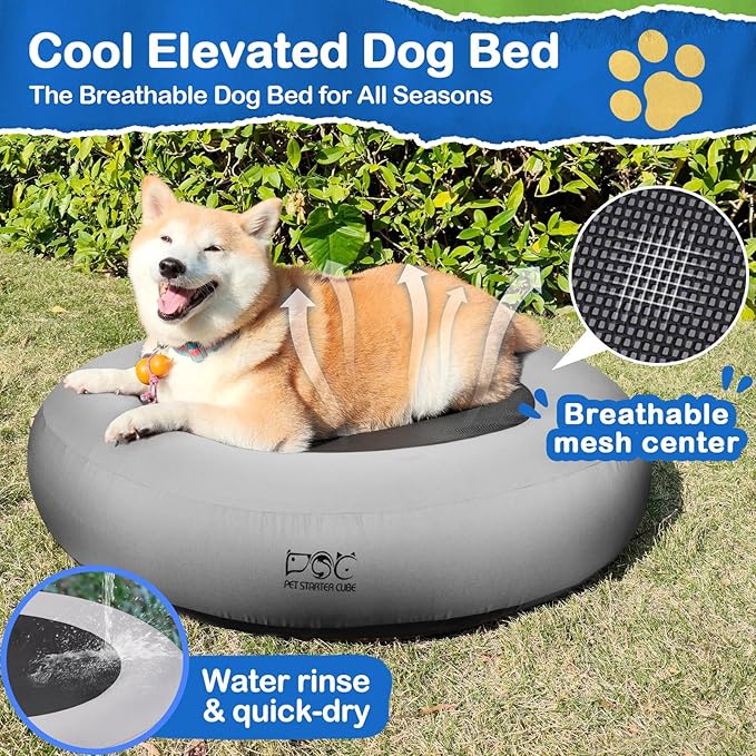 Elevated Dog Bed,Inflatable Dog Bed Raised,Pet Cushion Sofa for Medium Dogs,Portable Dog Cot Doughnut Round Stand,Waterproof Dog Bed Frame for Indoor,Outdoor(Grey)