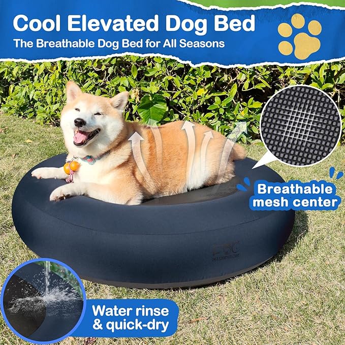 Elevated Dog Bed,Inflatable Dog Bed Raised,Pet Cushion Sofa for Medium Dogs,Portable Dog Cot Doughnut Round Stand,Waterproof Dog Bed Frame for Indoor,Outdoor(Blue)