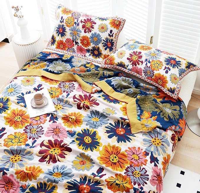 MEJU Daisy Flower Colorful All Season Boho Reversible Rustic Farmhouse Blanket for Bed Sofa Couch 100% Combed Cotton 4 Layer Soft Warm Quick Dry Throw Blanket Bed Coverlet Sheet Twin 60 in x 80 in