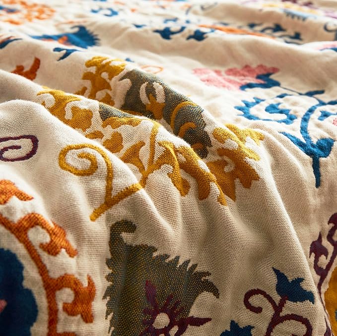 MEJU Bohemia Mandala Boho Paisley Southwest Datura Flower Throw Blanket for Bed Sofa Couch, 100% Combed Cotton 4 Layer Soft Warm Quick Dry Reversible Throw Blanket Bed Coverlet Sheet F/Q 80 in x 90 in