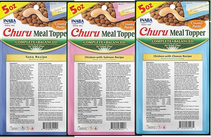 INABA Churu Meal Topper for Dogs, Complete & Balanced, Creamy, Lickable Purée Dog Food Toppers, 1.69 Ounce Tube, 9 Tubes (3 per Pack), 3 Flavor Variety Pack