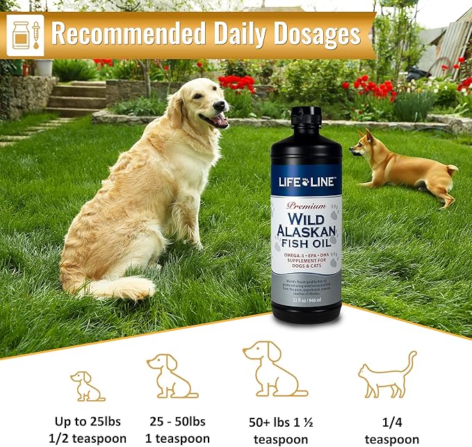 Life Line Pet Nutrition Wild Alaskan Fish Oil Omega-3 Supplement for Skin & Coat – Supports Brain, Eye & Heart Health in Dogs & Cats, 32oz