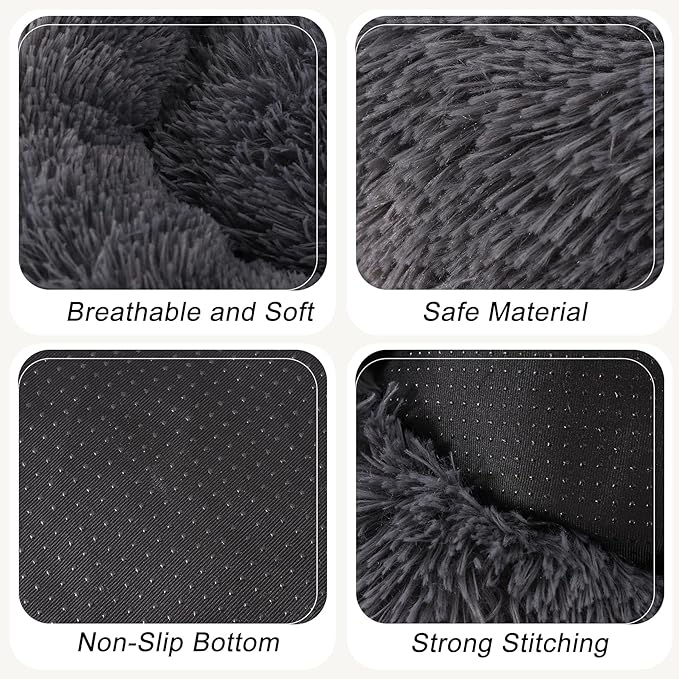 Calming Dog Bed, Dog Beds Fits up to 40 lbs Pets, Fluffy Donut Dog & Cat Bed Washable, Round Anti Anxiety Dog Bed, Small Dog Bed with Non-Slip Bottom (Dark Grey, 28" x 28")