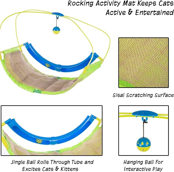 PETMAKER Interactive Cat Toy Rocking Activity Mat- Swing Playing Station with Sisal Scratching Area, Hanging Toy, Rolling Ball for Cats and Kittens