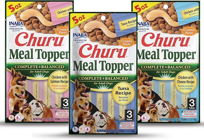 INABA Churu Meal Topper for Dogs, Complete & Balanced, Creamy, Lickable Purée Dog Food Toppers, 1.69 Ounce Tube, 9 Tubes (3 per Pack), 3 Flavor Variety Pack