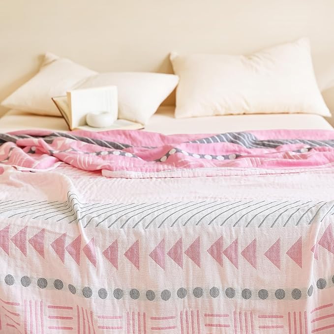 MEJU Pink Boho Geometric Morden Southwest Muslin All Season Blanket for Bed Sofa Couch 100% Combed Cotton 3 Layer Soft Cozy Quilt Throw Blanket Bed Coverlet Sheet Full Queen 80 in x 90 in