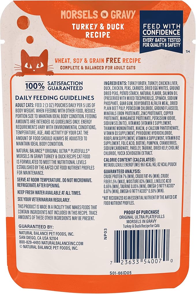 Natural Balance Original Ultra Platefulls Indoor Adult Grain Free Wet Cat Food, Turkey & Duck Recipe, 3 Ounce Pouch (Pack of 24)