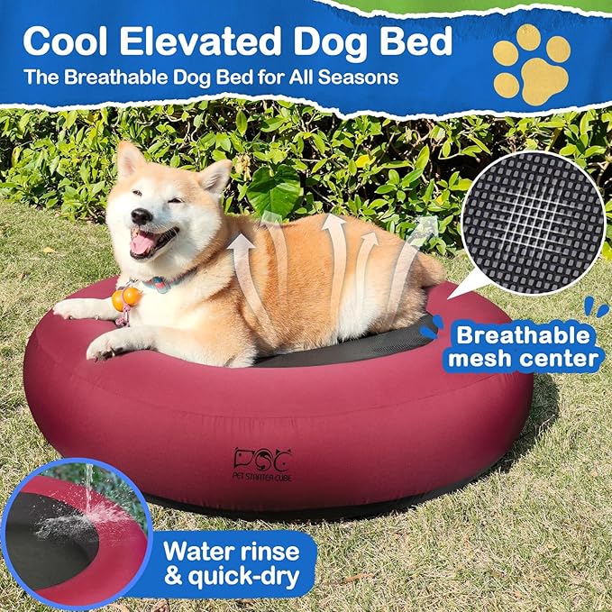 Elevated Dog Bed,Inflatable Dog Bed Raised,Pet Cushion Sofa for Medium Dogs,Portable Dog Cot Doughnut Round Stand,Waterproof Dog Bed Frame for Indoor,Outdoor(Red)