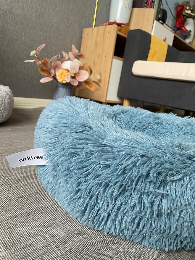 Comfy Calming Dogs Bed for Deep Sleep Small Puppy ,Puppy Bed with Fluffy Donut is for Anxiety Small Dogs,19" Round Soft Faux Fur Pet Bed for Small Dogs Under 15 lbs Machine Washable Blue
