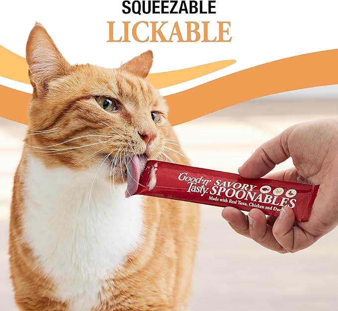 Good ‘n’ Tasty Savory Spoonables Variety Pack, 15 Count Tube, Triple Flavor Squeezable Lickable Wet Treats for Cats with Built-in Spoon for Less Mess