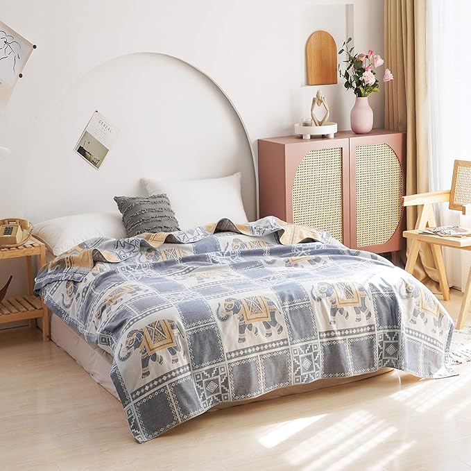 MEJU Elephant Check Geometric Muslin Lightweight Summer Blanket for Bed Sofa Couch, 100% Combed Cotton 2 Layer Soft Warm Quick Dry Throw Blanket Bed Coverlet Sheet Blue F/Q 80 in X 90 in
