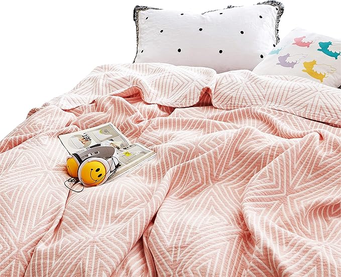 MEJU Red Striped Checks Muslin Reversible Summer Blanket for Bed Sofa Couch 100% Combed Cotton 3 Layer Soft Warm Quick Dry Throw Blanket Bedspread Bed Coverlet Sheet Full Queen 80 in x 90 in