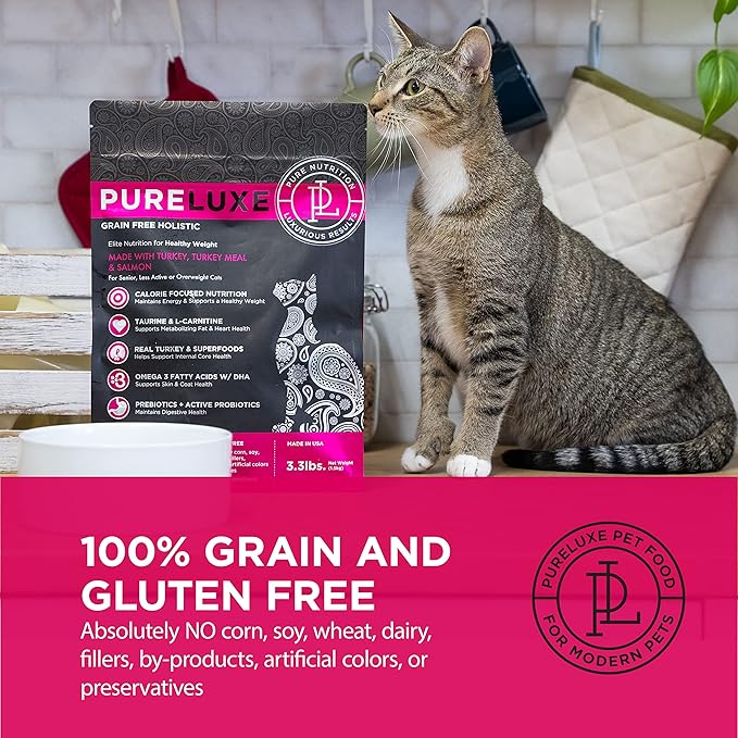 PURELUXE Grain and Gluten Free Cat Food, Healthy Weight Elite Nutrition, Turkey, Chicken, Salmon, for Senior, Less Active or Overweight Cats, All Life Stages and Breeds, Made in The USA, 11lbs