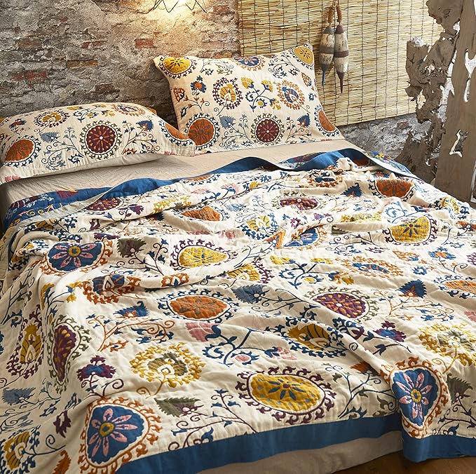 MEJU Bohemia Mandala Boho Paisley Southwest Datura Flower Throw Blanket for Bed Sofa Couch, 100% Combed Cotton 4 Layer Soft Warm Quick Dry Reversible Throw Blanket Bed Coverlet Sheet F/Q 80 in x 90 in