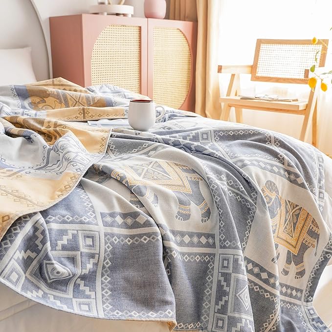 MEJU Elephant Check Geometric Muslin Lightweight Summer Blanket for Bed Sofa Couch, 100% Combed Cotton 2 Layer Soft Warm Quick Dry Throw Blanket Bed Coverlet Sheet Blue F/Q 80 in X 90 in