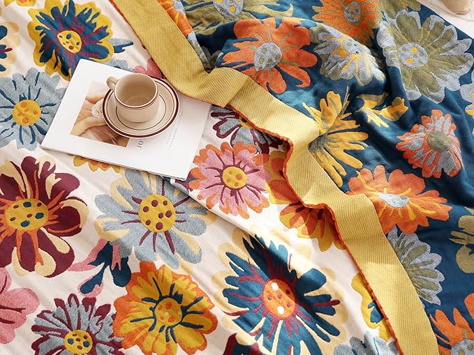 MEJU Daisy Flower Colorful All Season Boho Reversible Rustic Farmhouse Blanket for Bed Sofa Couch 100% Combed Cotton 4 Layer Soft Warm Quick Dry Throw Blanket Bed Coverlet Sheet Twin 60 in x 80 in