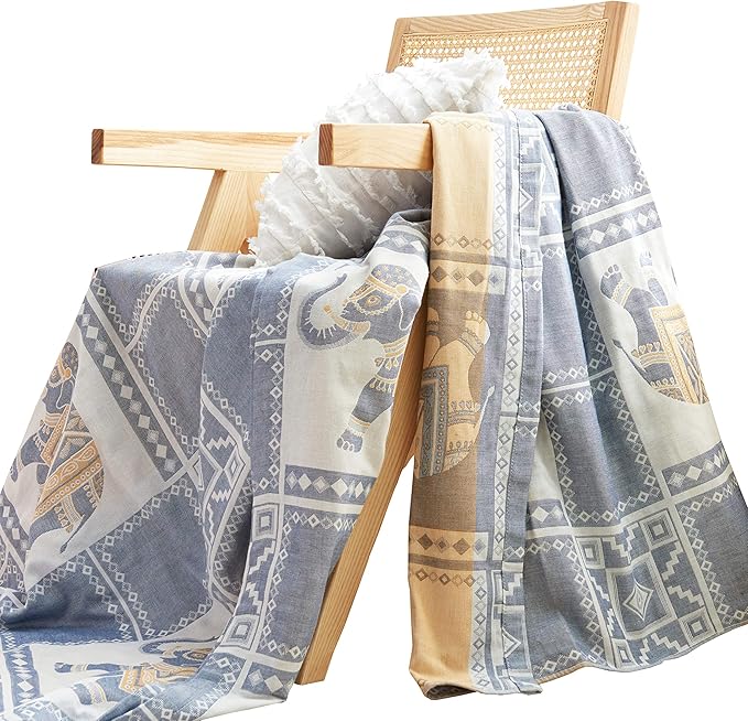 MEJU Elephant Check Geometric Muslin Lightweight Summer Blanket for Bed Sofa Couch, 100% Combed Cotton 2 Layer Soft Warm Quick Dry Throw Blanket Bed Coverlet Sheet Blue F/Q 80 in X 90 in