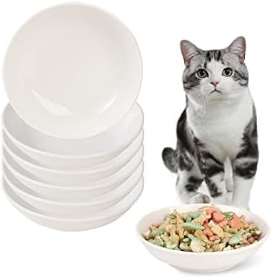 Ceramic Cat Food Bowl Set - Wide Shallow Cat Bowl for Whisker Fatigue Relief - Cute Cat Feeding Bowls - Flat Cat Dish - Cat Plates - Microwave and Dishwasher Safe - 6 Pack - 8.5 oz - 5.75 inch - White