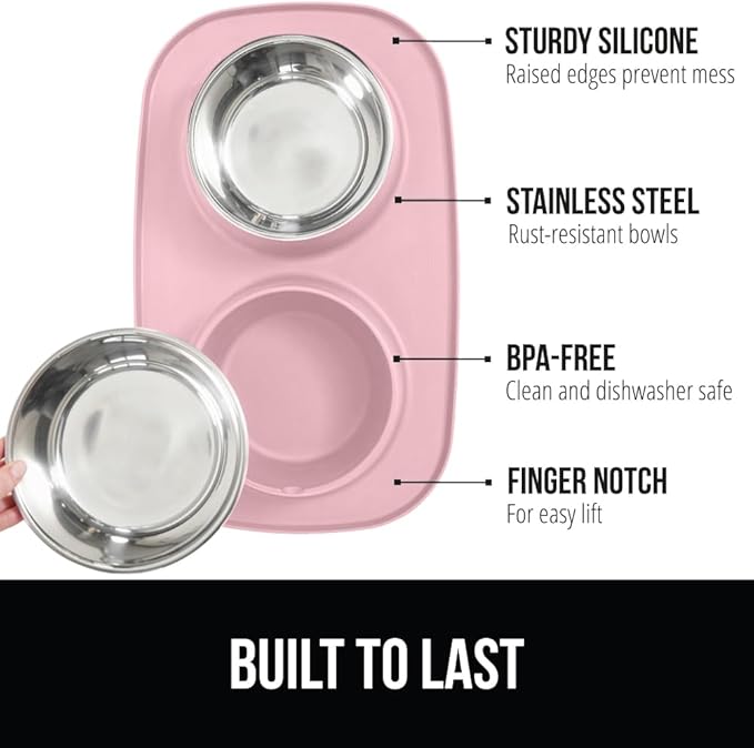 GORILLA GRIP 100% Waterproof BPA Free Cat and Dog Bowls Silicone Feeding Mat Set, Stainless Steel Bowl Slip Resistant Raised Edges, Catch Water, Food Mess, No Spills, Pet Accessories, 2 Cup, Pink