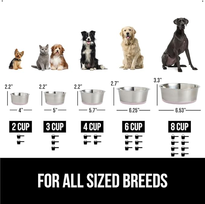 GORILLA GRIP Set of 2 Dog Bowls, Heavy Duty Metal Food and Water Bowl for Feeding Dogs and Cats, Dishwasher Safe, Rust Resistant Stainless Steel, BPA Free Rubber Base, Holds 3 Cups (24 fl oz), Lt Pink