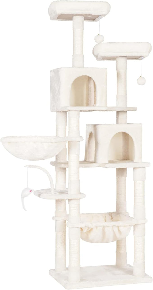 Heybly Cat Tree, 70 inches Tall Cat Tower condo with Toy for Indoor Large Cats, Cat House Furniture with Padded Plush Perch, Cozy Hammock and Sisal Scratching Posts,Beige HCT032M