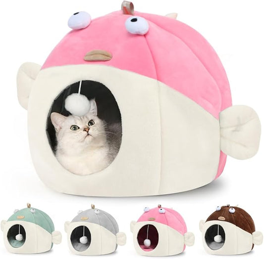 Vanansa Cat Bed for Indoor Cats, Large Covered Cat Bed with Anti-Scratch Lining, Ultra Soft Cat Hideaway, Warm Cute Cat House with Hanging Toy, Pet Bed for Large Cats, Puppy Dog 9-13LB (L, 18" x 15")