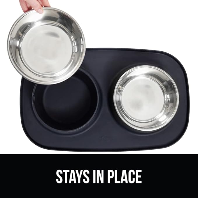 GORILLA GRIP 100% Waterproof BPA Free Cat and Dog Bowls Silicone Feeding Mat Set, Stainless Steel Bowl Slip Resistant Raised Edges, Catch Water, Food Mess, No Spills, Pet Accessories, 1 Cup, Black