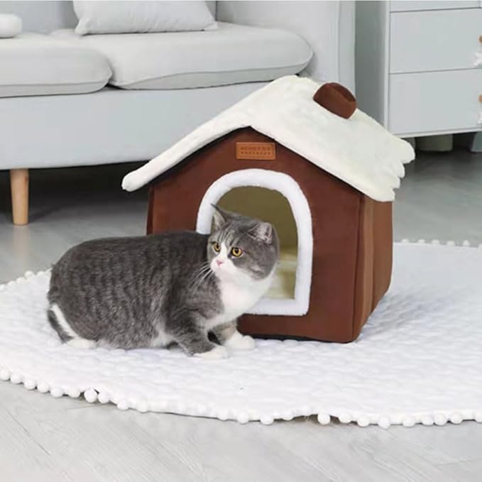 Christmas Cat Bed for Indoor Cats Plaid Christmas Cat Tent Cat Bed Cave for Pets Cats and Dogs (Coffee-M(18.1 X 14.6 X 15.7 Inch))
