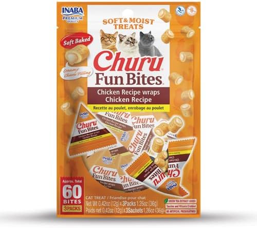 INABA Churu Fun Bites for Cats, Soft & Chewy Baked Chicken Wrapped Filled Cat Treats with Taurine, 0.42 Ounces Each Tetra, 3 Tetras, Chicken Recipe Wraps Chicken Recipe