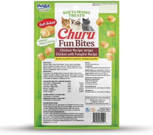 INABA Churu Fun Bites for Cats, Soft & Chewy Baked Chicken Wrapped Filled Cat Treats with Taurine, 0.42 Ounces Each Tetra, 3 Tetras, Chicken Recipe Wraps Chicken with Pumpkin Recipe