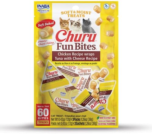 INABA Churu Fun Bites for Cats, Soft & Chewy Baked Chicken Wrapped Filled Cat Treats with Taurine, 0.42 Ounces Each Tetra, 3 Tetras, Chicken Recipe Wraps Tuna with Cheese Recipe