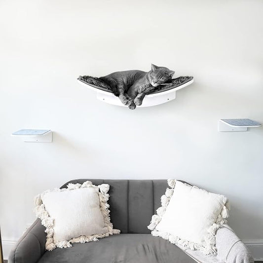 Floating Cat Shelf Wall Mounted Cat Bed Furniture Climbing Wall for Cat Perching Sleeping Lounging with 2 Steps (Curved)