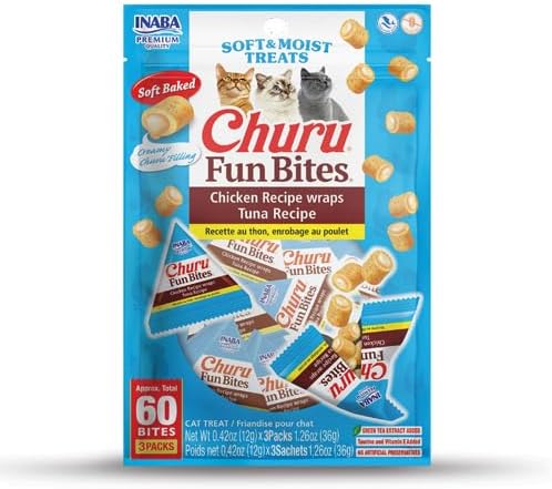 INABA Churu Fun Bites for Cats, Soft & Chewy Baked Chicken Wrapped Filled Cat Treats with Taurine, 0.42 Ounces Each Tetra, 3 Tetras, Chicken Recipe Wraps Tuna Recipe