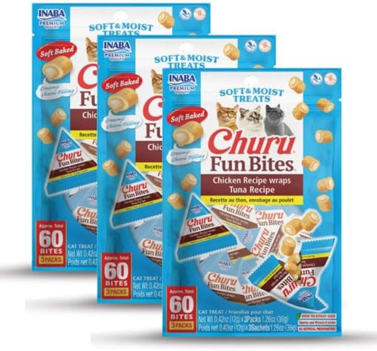 INABA Churu Fun Bites for Cats, Soft & Chewy Baked Chicken Wrapped Filled Cat Treats with Taurine, 0.42 Ounces Each Tetra, 9 Tetras (3 per Bag), Chicken Recipe Wraps Tuna Recipe