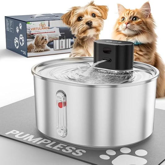 Pumpless Cat Water Fountain with 3 Filter - 3.2l/108oz Wireless Stainless Steel Pet Water Fountain, Cordless Automatic Dispenser, Battery Operated Fountain with Motion Sensor, Ultra Quiet