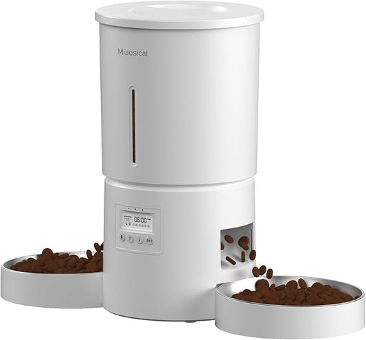 Automatic Cat Feeder for 2 Cats,4.2L Flexible Schedule,6 Meals/Day,1-12 Portions/Meal,Dual Power Auto Dual Pets Feeder Dry Food Dispenser,10S Voice Record(White,4.2L+Stainless Steel 2 Bowls)