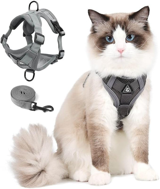 Cat Harness and Leash Set, Upgraded Escape Proof Adjustable Kitten Vest with Lead for Small Cat Outdoor Walking, Soft Breathable Mesh Jacket with Reflective Strips for Dark Night (S, Mature Gray)