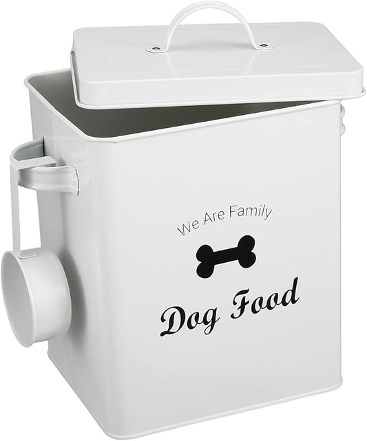Geyecete Pet Treat and Food Storage Tin with Lid - 5lbs Capacity - Serving Scoop Included … -DOG