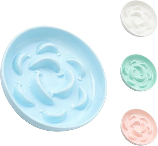 Ceramic Cat Slow Feeder Bowl - Pastel Series Slow Feeding Cat Bowl - Cute Maze Cat Food Plate for Healthy Eating - Fun Cat Puzzle Feeder Dish - Dishwasher Safe - 6.3''W x 1.2''H - 7 OZ - Pale Blue