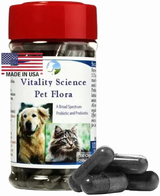Pet Flora Natural Cat & Dog Gut Health Probiotics | Dog Digestive Supplements | Cat Constipation Relief | Dog Gas Remedy | Daily Probiotic for Dogs & Cats (250 Caps)