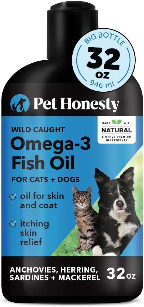 PetHonesty Omega 3 Fish Oil Supplement for Dogs & Cats (32oz), Wild Caught Omega 3 Fish Oil for Skin and Coat Health, Supports Shedding, Skin & Coat, Immunity, Joint, Brain & Heart, EPA + DHA