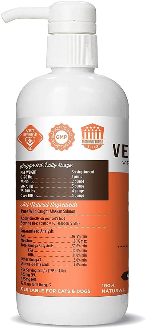 VetPro Complete Pure Wild Alaskan Salmon Oil Supplement for Dogs & Cats, 16 Ounces, Omega 3 & 6 Liquid Fish Oil, EPA + DHA Fatty Acids, Coat & Joint Support, Helps Dry Skin & Allergies, Add to Food