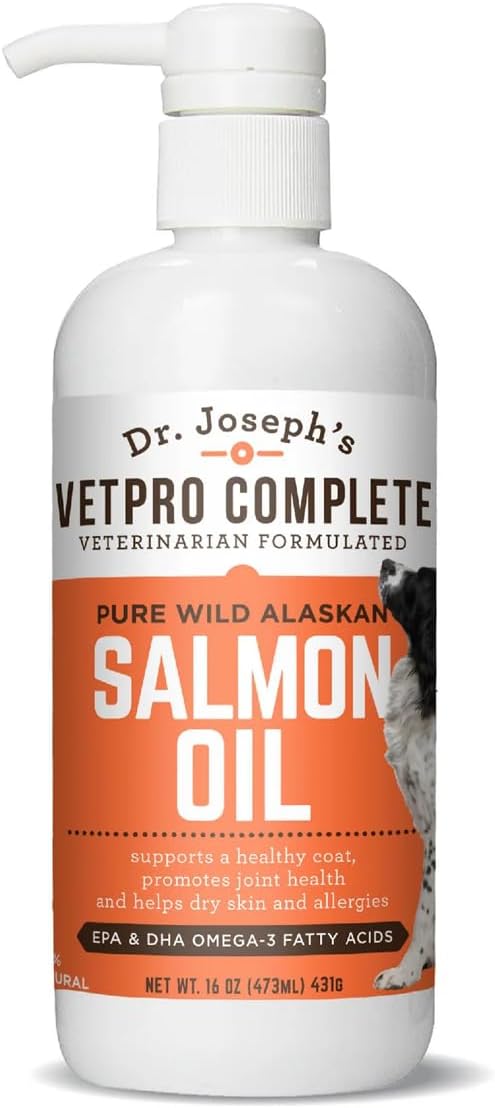 VetPro Complete Pure Wild Alaskan Salmon Oil Supplement for Dogs & Cats, 16 Ounces, Omega 3 & 6 Liquid Fish Oil, EPA + DHA Fatty Acids, Coat & Joint Support, Helps Dry Skin & Allergies, Add to Food