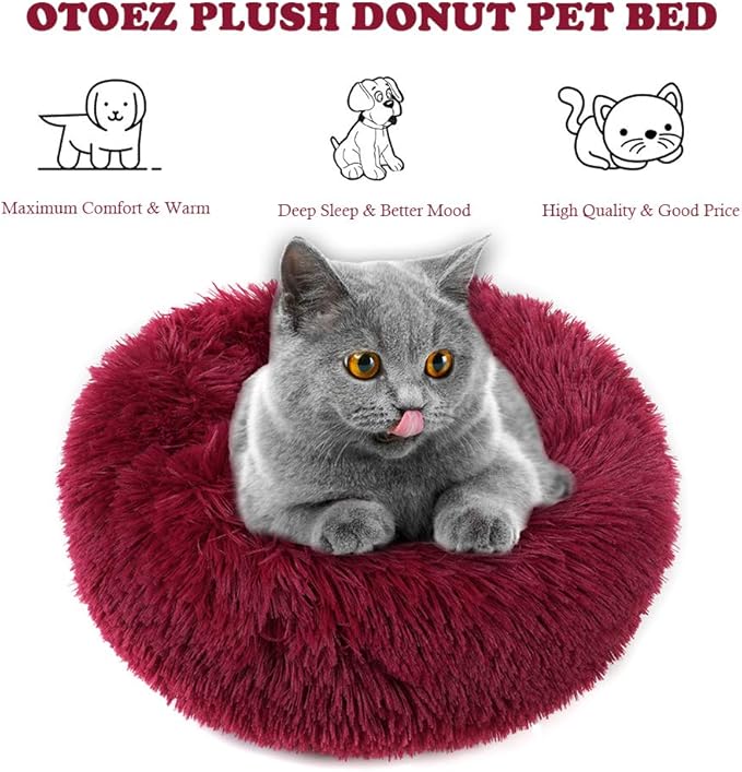 otoez Kitten Puppy Bed Extra Small XS Round Dog Cat Beds Anti Anxiety Plush Pet Calming Donut Bed with Non-Slip Waterproof Bottom, Washable (15.7", Dark Red)