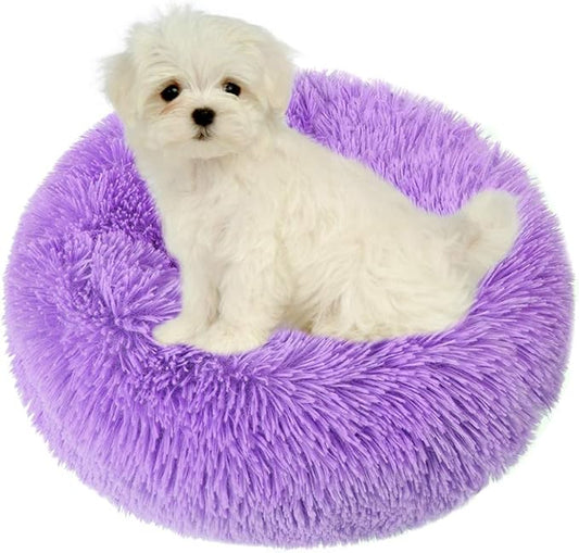 otoez Round Donut Dog Bed for Small Dogs, Washable Calming Dog Bed Cuddler Anti Anxiety Fluffy Dog Cat Bed with Non-Slip Waterproof Bottom (23.6", Purple)