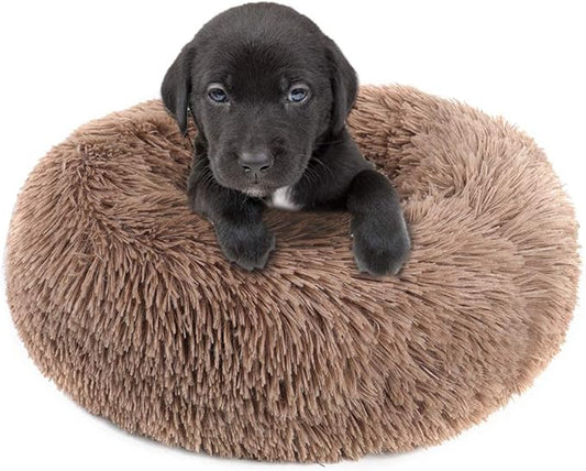 otoez Round Donut Dog Bed for Small Dogs, Washable Calming Dog Bed Cuddler Anti Anxiety Fluffy Dog Cat Bed with Non-Slip Waterproof Bottom (23.6", Khaki)